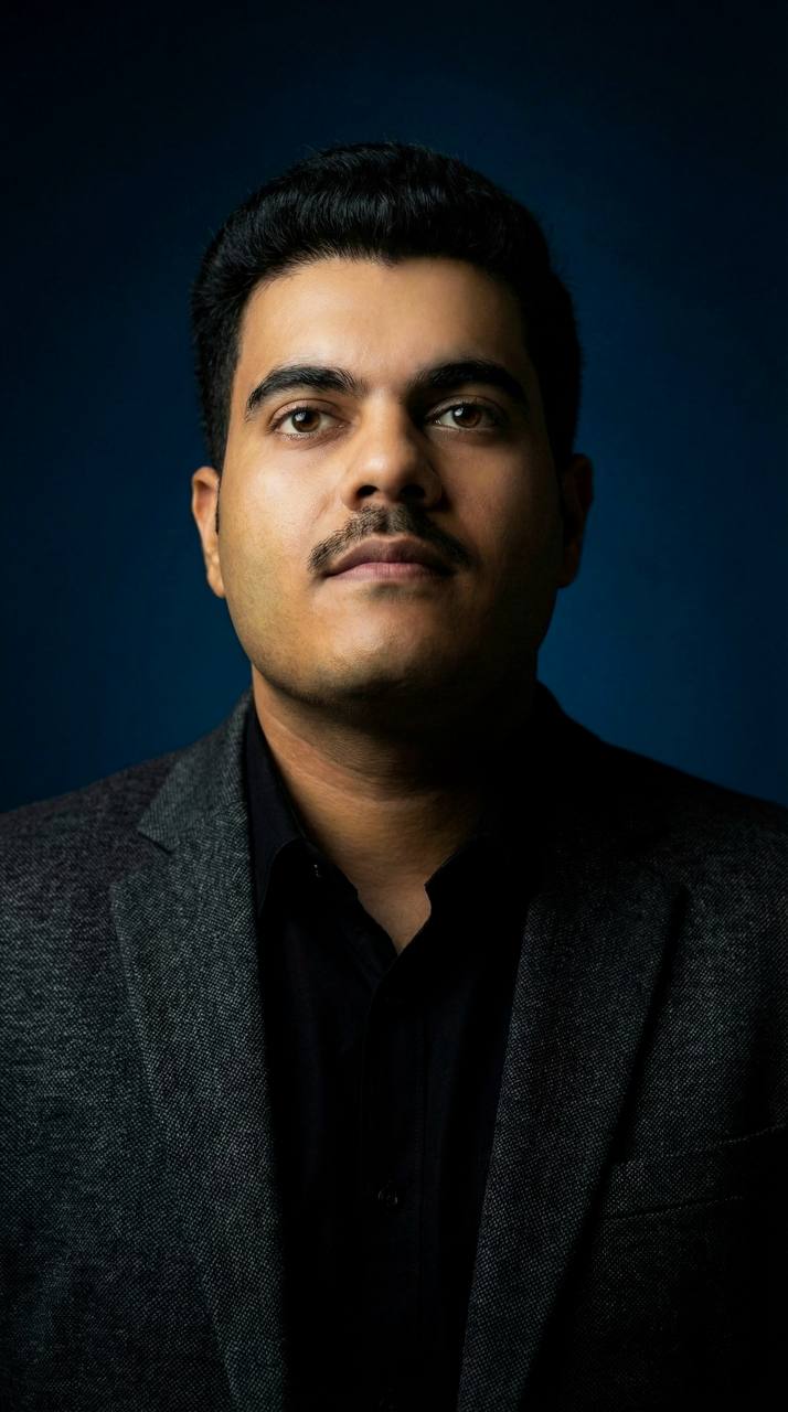 Portrait of Priyanshu Sharma in a charcoal blazer against a deep navy background